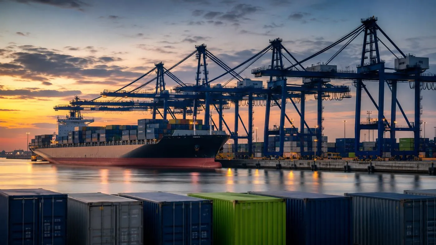 Container vessel berthed at dawn in a Miami port